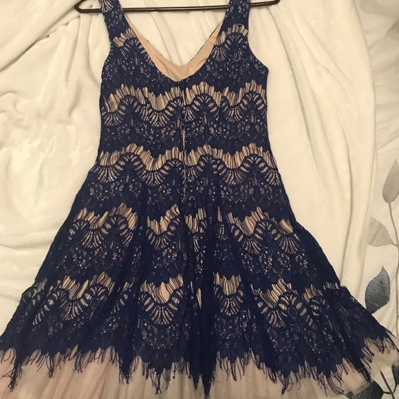 Navy blue and tan lacy dress. - Picture 2 of 2
